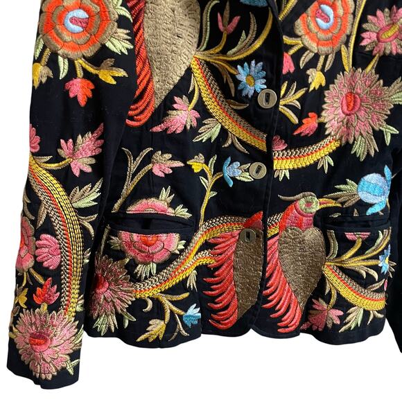 Paparazzi by BIZ Black Multicolor Floral Bird Embroidered Jacket Womens Small - Picture 4 of 7